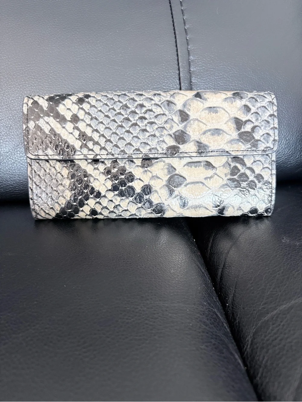 Snake-Print Fold-Over Wallet in Black & Cream